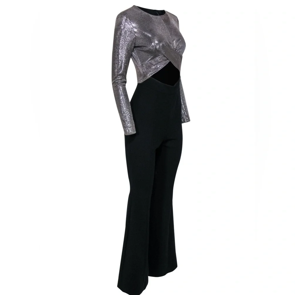 Black Halo Angie Flared Leg Jumpsuit Cutout Metallic Silver Bodice Romper 12 - Picture 17 of 17